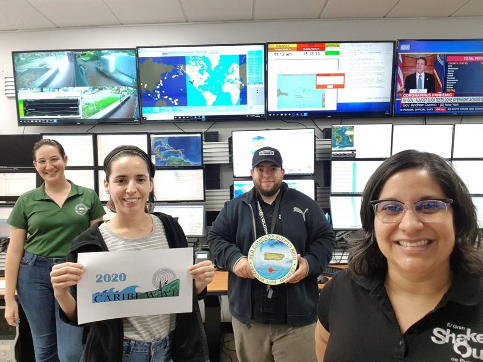 Staff of the Puerto Rico Seismic Network participating in the CARIBE WAVE 20 exercise. From Left to Right, Yanira Santiago, Margarita Solares Colon, Benjamin Colón and Gisela Baez.
